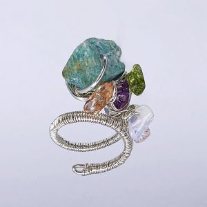 Wrapped Amazonite & Quartz Chips Ring Silver Wire